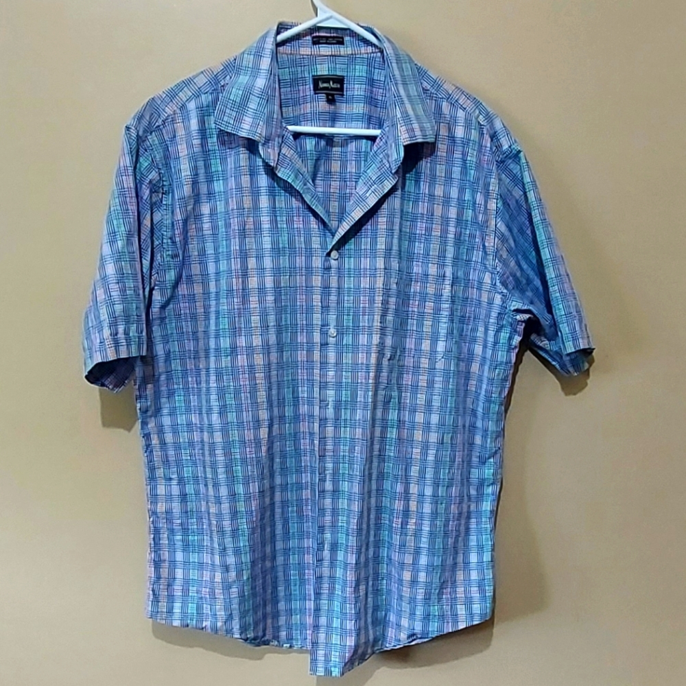 Neiman Marcus Rainbow Plaid Short Sleeve Shirt